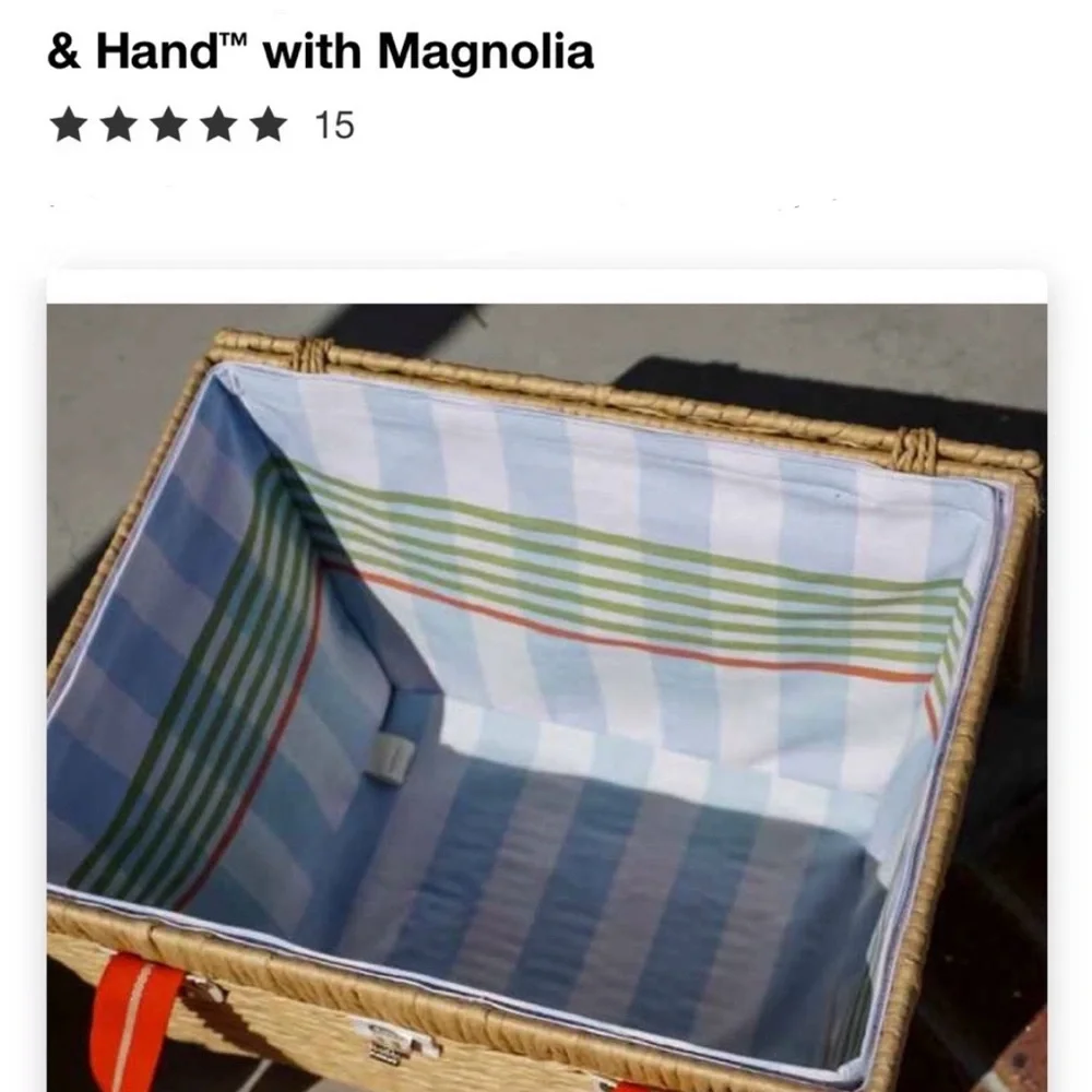 NWT Hearth & Hand Woven Picnic Basket with Red Orange Straps - Picture 7 of 10